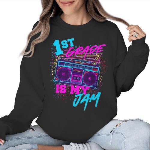 1st Grade Is My Jam Vintage 80s 80's Teacher Student Retro Women Crewneck Sweatshirt - teacherstshirts.com DE