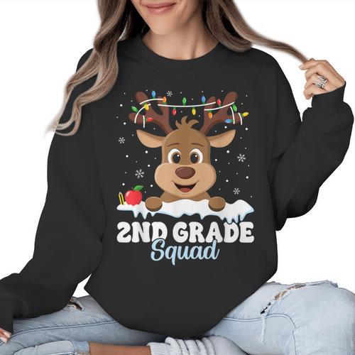 2nd Grade Teacher Christmas Second Grade Squad Reindeer Xmas For Men Women Kids Women Crewneck Sweatshirt - teacherstshirts.com DE