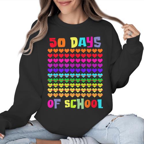 50 Days Of School Hearts Teacher Happy 50th Day Of School Women Crewneck Sweatshirt - teacherstshirts.com CA