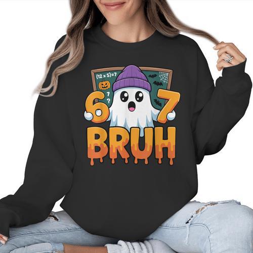 67 Teacher Ghost Six Seven Meme Math Equation Bruh Halloween Women Crewneck Sweatshirt - teacherstshirts.com