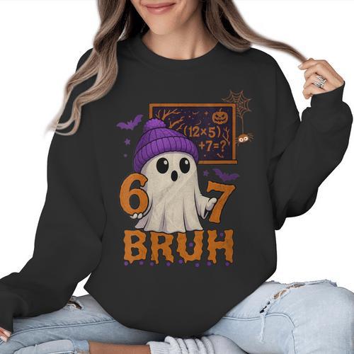 67 Teacher Halloween Ghost Six Seven Meme Math Equation Bruh Women Crewneck Sweatshirt - teacherstshirts.com UK