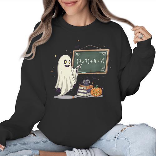 67 Teacher Halloween Ghost Six Seven Meme Math Joke Women Crewneck Sweatshirt - teacherstshirts.com CA