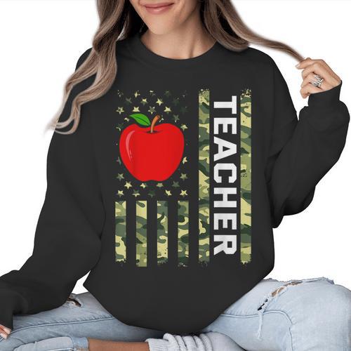 American Flag Camouflage Teacher Patriotic 4th Of July Women Crewneck Sweatshirt - teacherstshirts.com UK