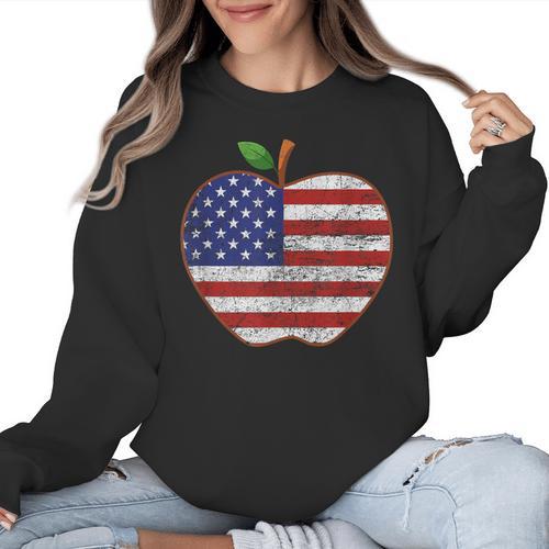American Flag Teachers Students Apple 4th Of July Vintage Women Crewneck Sweatshirt - teacherstshirts.com UK