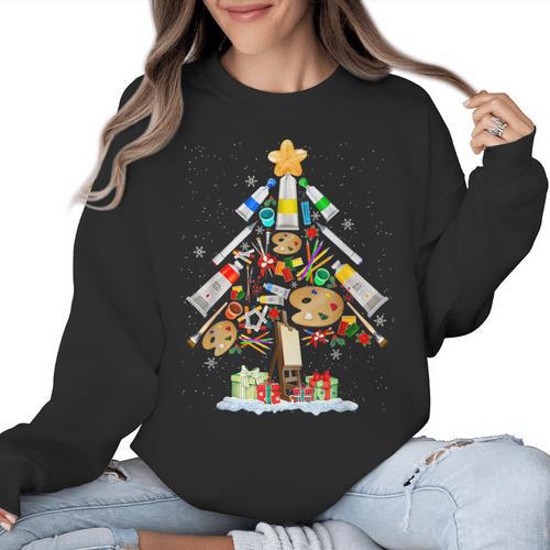 Art Christmas Tree Merry Christmas Artist Art Teacher Women Crewneck Sweatshirt - teacherstshirts.com AU