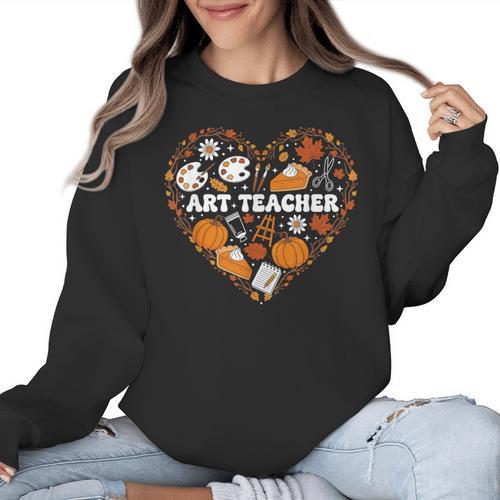 Art Teacher Heart Autumn Thanksgiving Kids Women Crewneck Sweatshirt - teacherstshirts.com AU