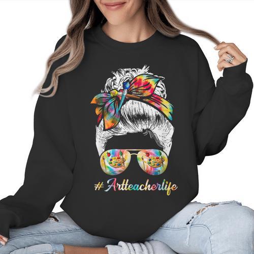 Art Teacher Life Messy Bun Back To School Art Teacher Women Crewneck Sweatshirt - teacherstshirts.com DE