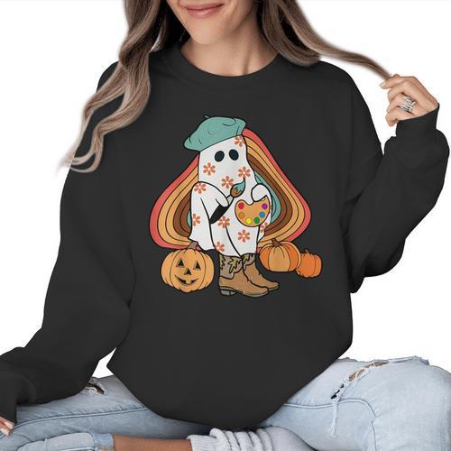Art Teacher Painting Brushes Retro Pumpkin Ghost Artist Women Crewneck Sweatshirt - teacherstshirts.com CA