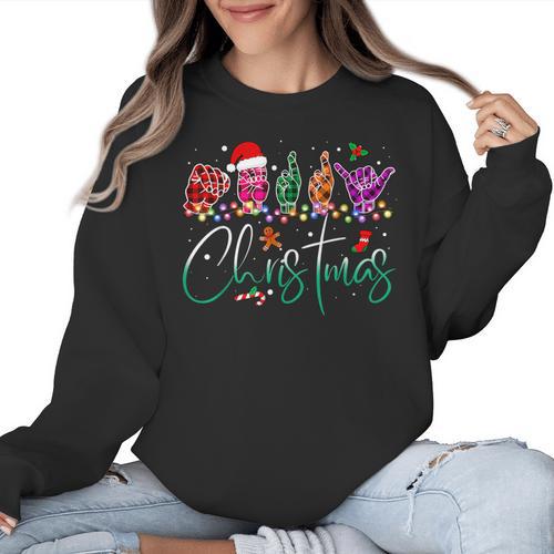 ASL Christmas Buffalo Plaid Teacher American Sign Language Women Crewneck Sweatshirt - teacherstshirts.com DE
