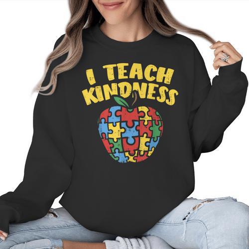 Autism Teacher Shirt I Teach Kindness Apple Puzzle Awareness Women Crewneck Sweatshirt - teacherstshirts.com AU