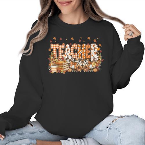 Autumn Pumpkin Thanksgiving Coffee Floral Teacher Fall Women Crewneck Sweatshirt - teacherstshirts.com