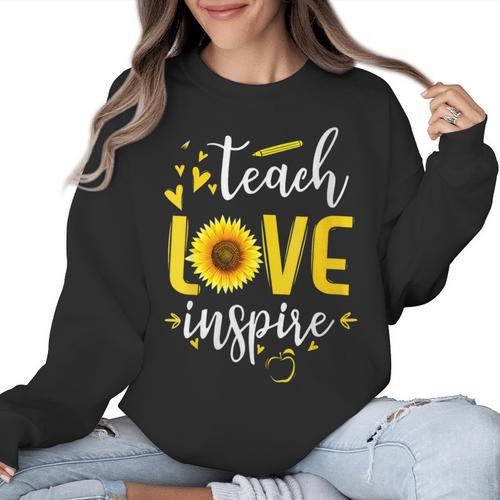 Back To School Teach Love And Inspire Teacher Sunflower Women Crewneck Sweatshirt - teacherstshirts.com UK