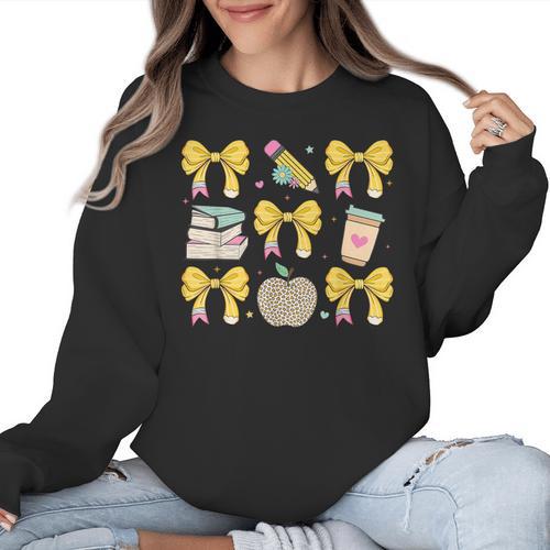 Back To School Yellow Bows Book Coffee Leopard Apple Teacher Women Crewneck Sweatshirt - teacherstshirts.com CA