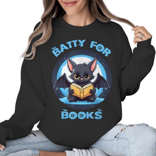 Batty About Books Lover Teacher Librarian Bookish Halloween For Men Women Kids Women Crewneck Sweatshirt - teacherstshirts.com