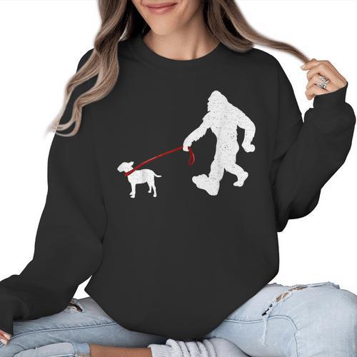 Bigfoot Walking With Bull Terrier Dog Women Crewneck Sweatshirt - Bostonterriersmerch.com