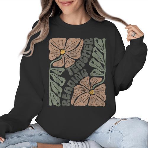 Boho Floral Reading Teacher Retro Reading Specialist Wildfl Women Crewneck Sweatshirt - teacherstshirts.com AU