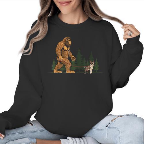 Boston Terrier Bigfoot Dog Walking Dog Mom Dad Kids Women Crewneck Sweatshirt - Bostonterriersmerch.com
