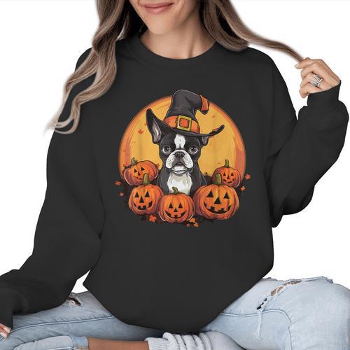 Boston Terrier Bostie Dog Breed Pet Halloween Pumpkins Women Crewneck Sweatshirt - Bostonterriersmerch.com