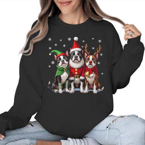 Boston Terrier Christmas Dogs Santa Reindeer Elf Women Crewneck Sweatshirt - Bostonterriersmerch.com
