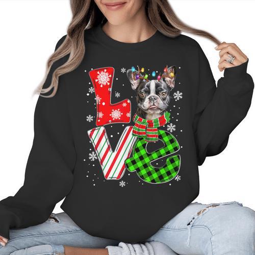 Boston Terrier Christmas Tree Lights Santa Dog Xmas For Men Women Kids Women Crewneck Sweatshirt - Bostonterriersmerch.com