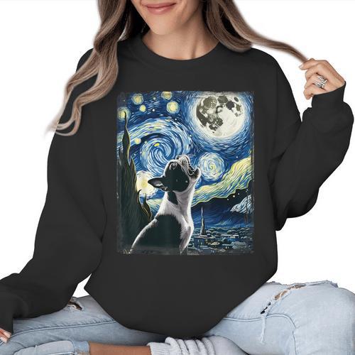 Boston Terrier Dog Art Van Gogh Starry Night Boston Terrier Women Crewneck Sweatshirt - Bostonterriersmerch.com