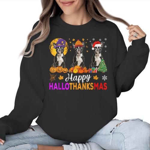 Boston Terrier Dog Halloween Christmas Hallothanksmas Men Women Kids Women Crewneck Sweatshirt - Bostonterriersmerch.com