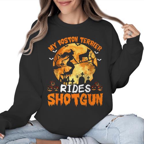 My Boston Terrier Dog Rides Shotgun Witch Halloween Men Women Women Crewneck Sweatshirt - Bostonterriersmerch.com