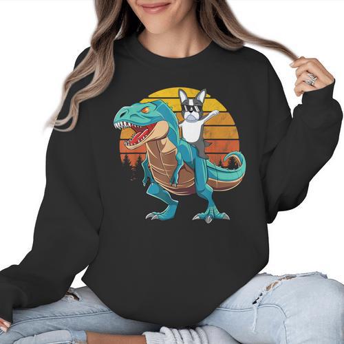 Boston Terrier Dog Riding Dinosaur T Rex Boys Women Crewneck Sweatshirt - Bostonterriersmerch.com