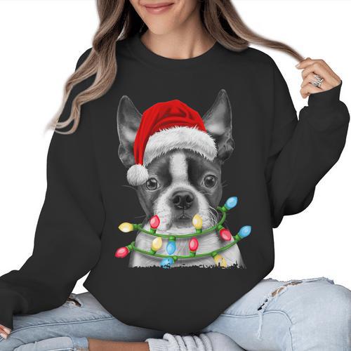 Boston Terrier Dog Santa Christmas Tree Lights Xmas Women Crewneck Sweatshirt - Bostonterriersmerch.com