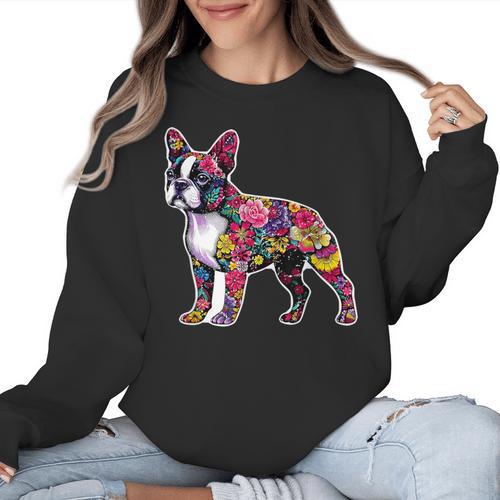 Boston Terrier Floral Dog Lover Vintage Distressed For Men Women Kids Women Crewneck Sweatshirt - Bostonterriersmerch.com