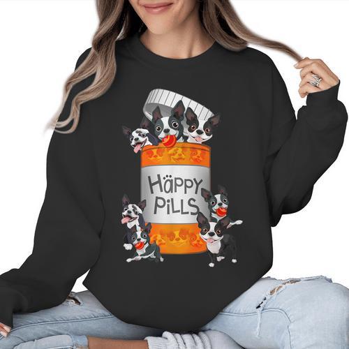Boston Terrier Happy Pills T-Shirt Women Crewneck Sweatshirt - Bostonterriersmerch.com