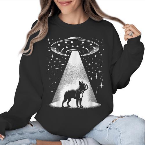 Boston Terrier Mom Dad Dog Alien UFO For Men Women Women Crewneck Sweatshirt - Bostonterriersmerch.com