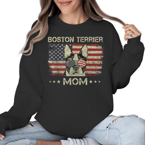 Boston Terrier Mom Dog Lovers American Flag 4th Of July Women Crewneck Sweatshirt - Bostonterriersmerch.com