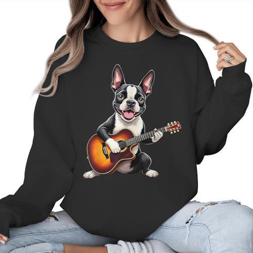 Boston Terrier Playing Guitar Boston Terrier Women Crewneck Sweatshirt - Bostonterriersmerch.com
