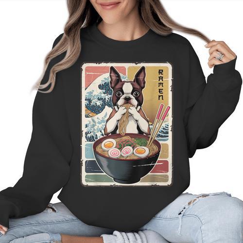 Boston Terrier Ramen Noodles Japanese Art Retro Ocean Waves Women Crewneck Sweatshirt - Bostonterriersmerch.com