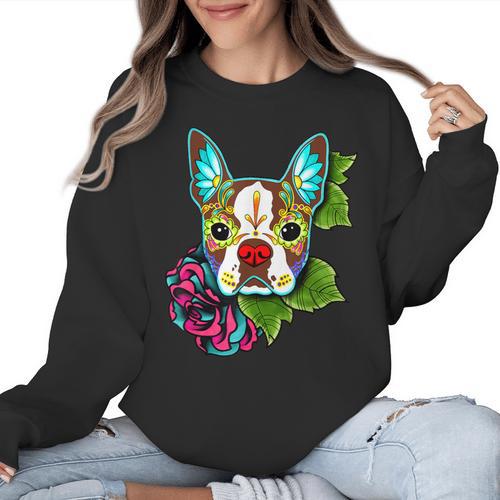 Boston Terrier In Red Day Of The Dead Sugar Skull Dog Women Crewneck Sweatshirt - Bostonterriersmerch.com CA