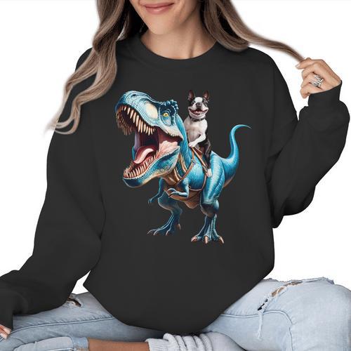 Boston Terrier Riding T-Rex Dinosaur Dog Lover Women Crewneck Sweatshirt - Bostonterriersmerch.com