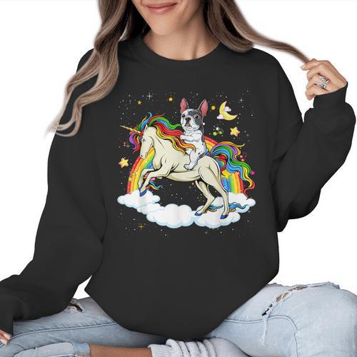 Boston Terrier Riding Unicorn Boys Girls Kids Rainbow Women Crewneck Sweatshirt - Bostonterriersmerch.com