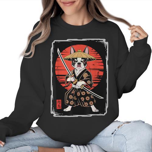 Boston Terrier Samurai Ninja Vintage Anime Japanese Ukiyo-e Women Crewneck Sweatshirt - Bostonterriersmerch.com
