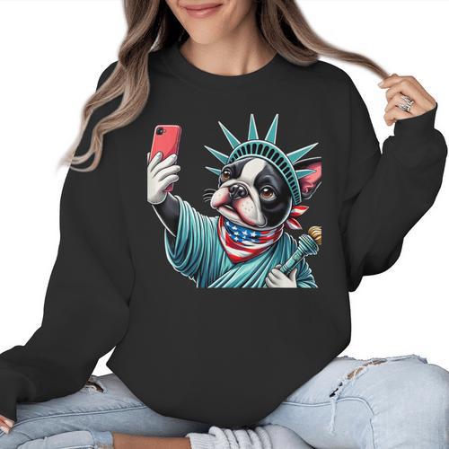 Boston Terrier Selfie Statue Of Liberty 4th Of July American Women Crewneck Sweatshirt - Bostonterriersmerch.com
