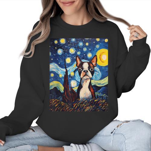 Boston Terrier Starry Night Van Gogh Art Women Crewneck Sweatshirt - Bostonterriersmerch.com