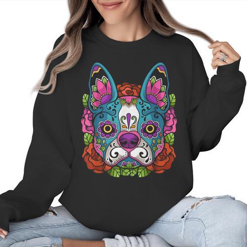 Boston Terrier Sugar Skull Dog Day Of The Dead Women Crewneck Sweatshirt - Bostonterriersmerch.com CA