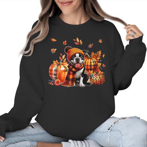 Boston Terrier Thanksgiving Leopard Pumpkins Fall Leaves Women Crewneck Sweatshirt - Bostonterriersmerch.com
