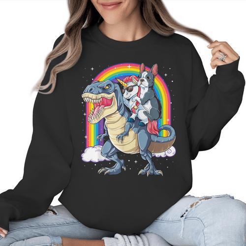 Boston Terrier Unicorn Riding Dinosaur T-Rex Girls Rainbow Women Crewneck Sweatshirt - Bostonterriersmerch.com