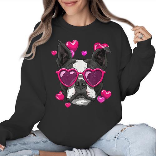 Boston Terrier Valentines Day Shirt Heart Dog Lover Women Crewneck Sweatshirt - Bostonterriersmerch.com