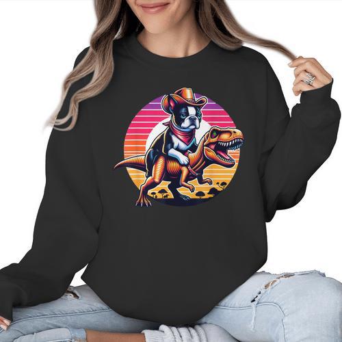 Boston Terrier Wearing A Cowboy Hat On T-Rex Women Crewneck Sweatshirt - Bostonterriersmerch.com
