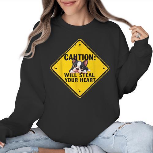 Caution Sign Boston Terrier Dog Bostie Puppy Women Crewneck Sweatshirt - Bostonterriersmerch.com