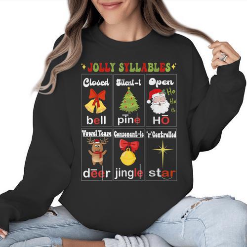 Christmas Reading Teacher Syllable Types Reading Teacher Women Crewneck Sweatshirt - teacherstshirts.com CA