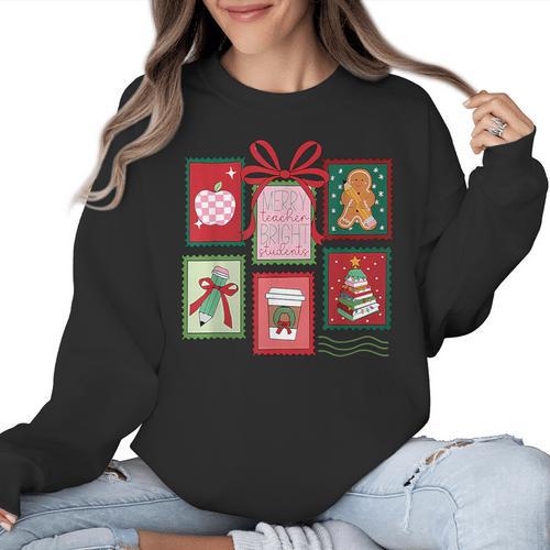 Christmas Teacher Stamps Women Crewneck Sweatshirt - teacherstshirts.com