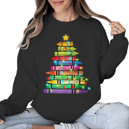 Christmas Tree Made Of Crayons School Teacher Life Student Women Crewneck Sweatshirt - teacherstshirts.com CA